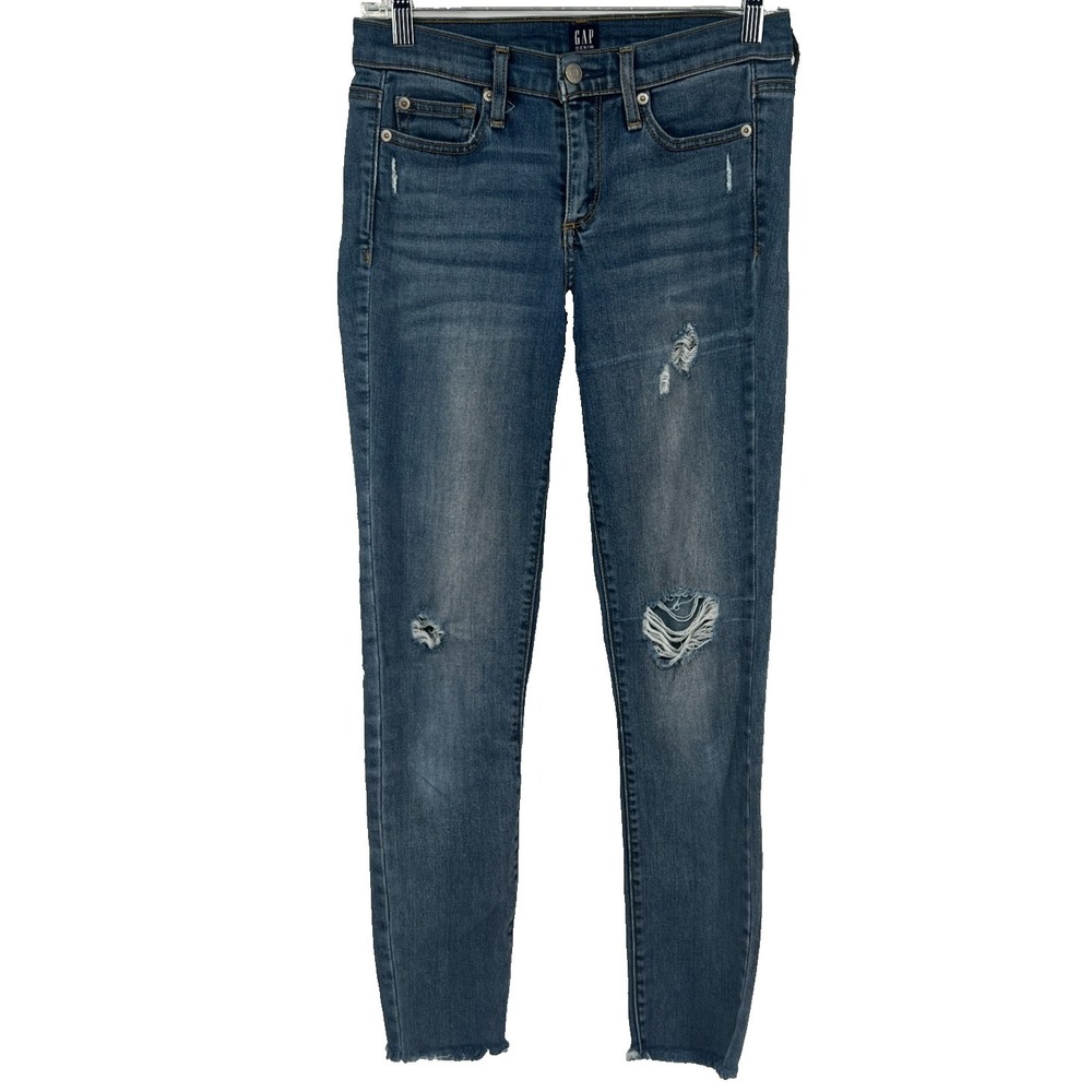 Gap 1969 Jeans 26 R Authentic True Skinny Blue Distressed Stretch Raw Hem READ